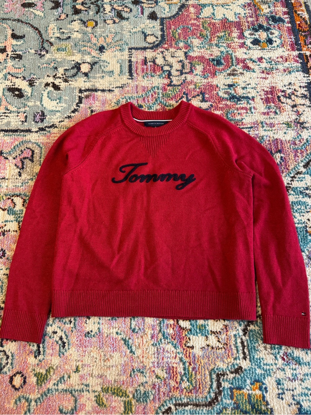 Tommy Hilfiger Women’s Red Crewneck with “Tommy” in Cursive Navy Script